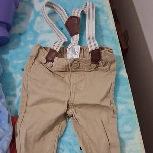 OshKosh B'gosh Beige Overalls with Striped Suspenders